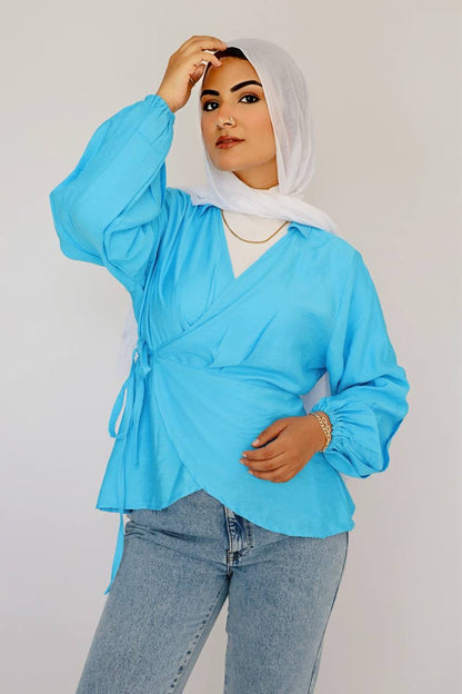 Blue linen wrap blouse