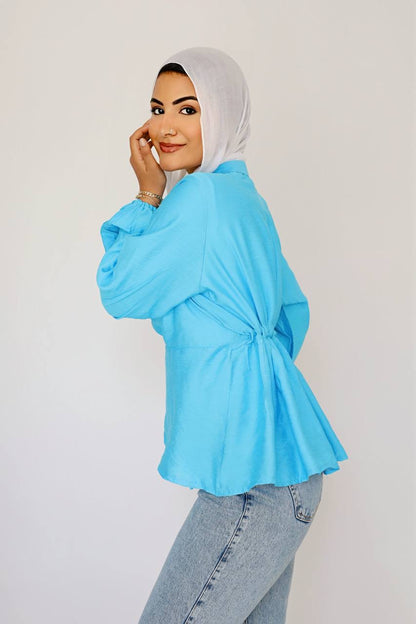 Blue linen wrap blouse