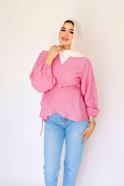 Pink linen wrap blouse