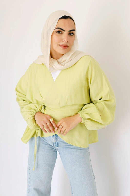 Lime green linen wrap blouse