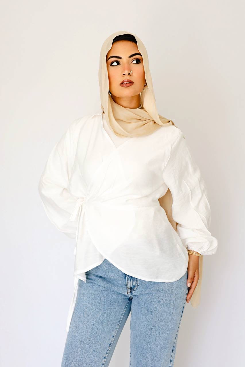 White linen wrap blouse