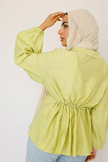 Lime green linen wrap blouse