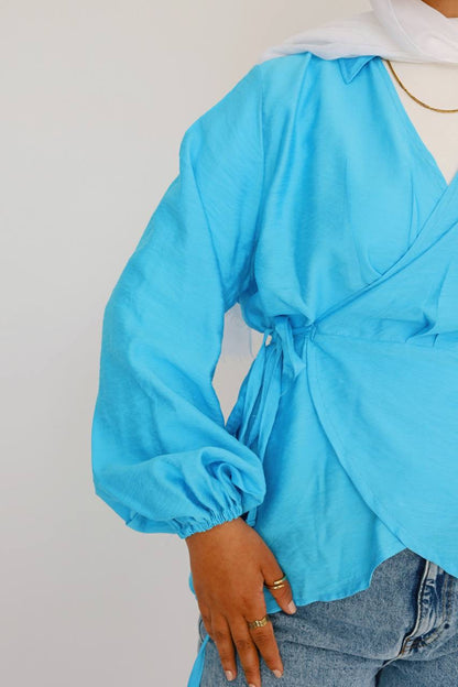 Blue linen wrap blouse